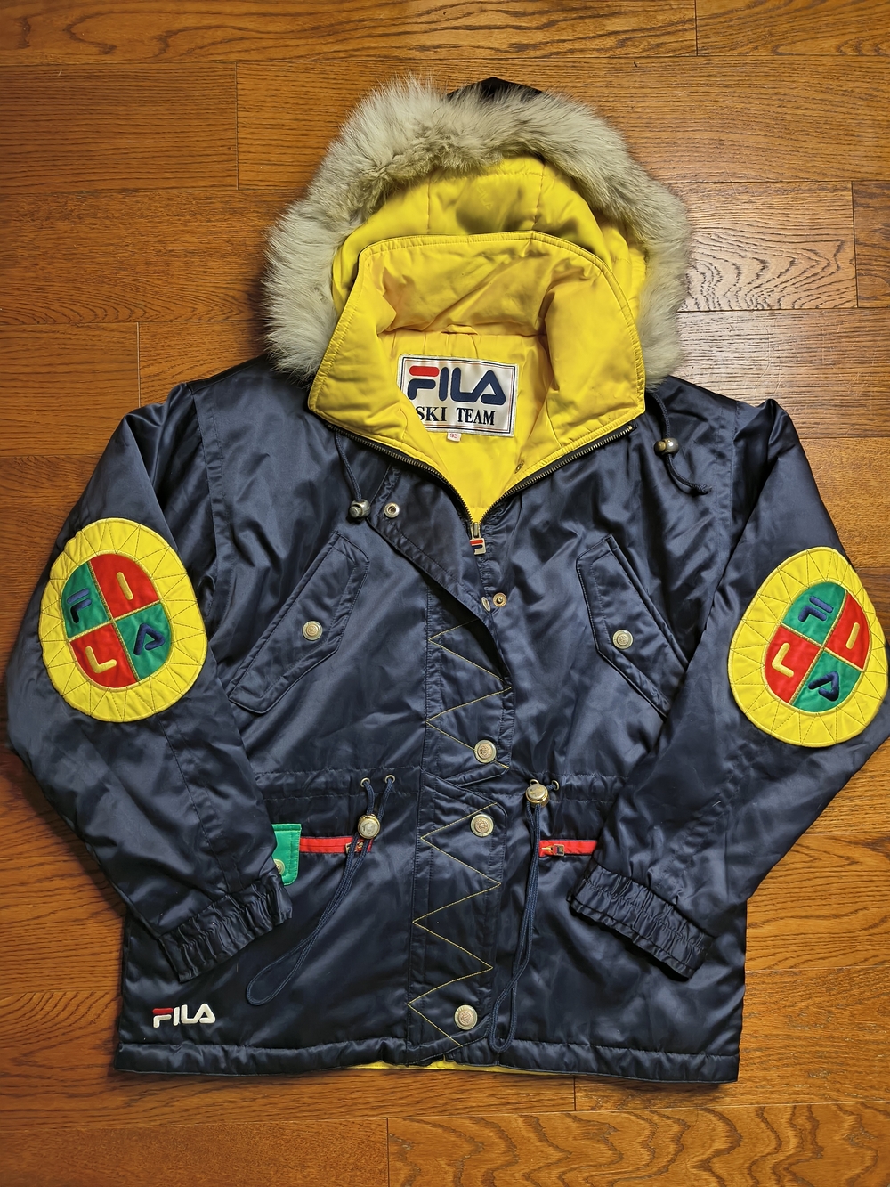 Vintage 90s FILA Rare Black Ski Team Coat With Faux Fur Hood And Waist Cinch